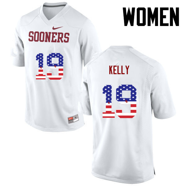 Women Oklahoma Sooners #19 Caleb Kelly College Football USA Flag Fashion Jerseys-White - Click Image to Close